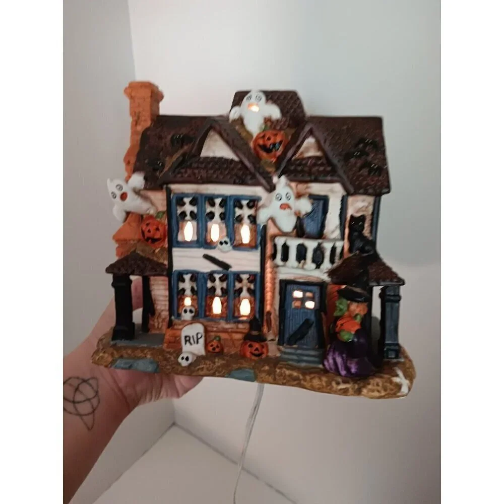 Rare MSR Imports Retired Half Halloween/Half Christmas Ceramic Light Up House